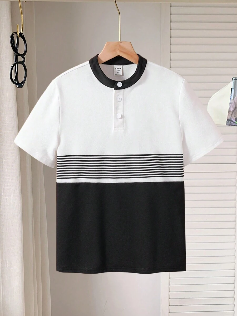 SHEIN Cậu bé Tween Lỏng lẻo phù hợp Giải trí Sọc Ngắn tay Áo polo Với Khối màu Thiết kế - trắng - Xem 1