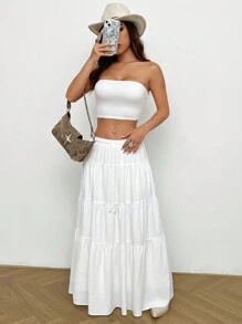 Conjunto de top de bandeau tejido y falda larga ajustada para mujer, con falda blanca de bandeau con volantes, fruncida y con capas, para uso casual diario en primavera/verano
