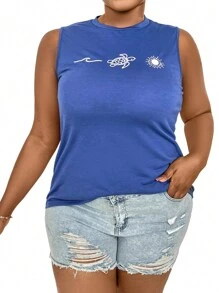 SHEIN LUNE Plus Size Printed Round Neck Tank Top - Blue - View 5