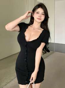 DAZY Women's V-Neck Button Front Bodycon Short Sleeve Dress Summer Sundress,Mini Dress