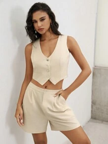 Anewsta Chaleco De Traje Y Conjunto De Shorts De Lino Con Botones En La Parte Frontal Y Escote En V