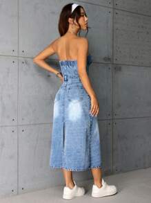 SHEIN ICON Strapless Washed Denim Dress With Side Slit - Medium Wash - View 2