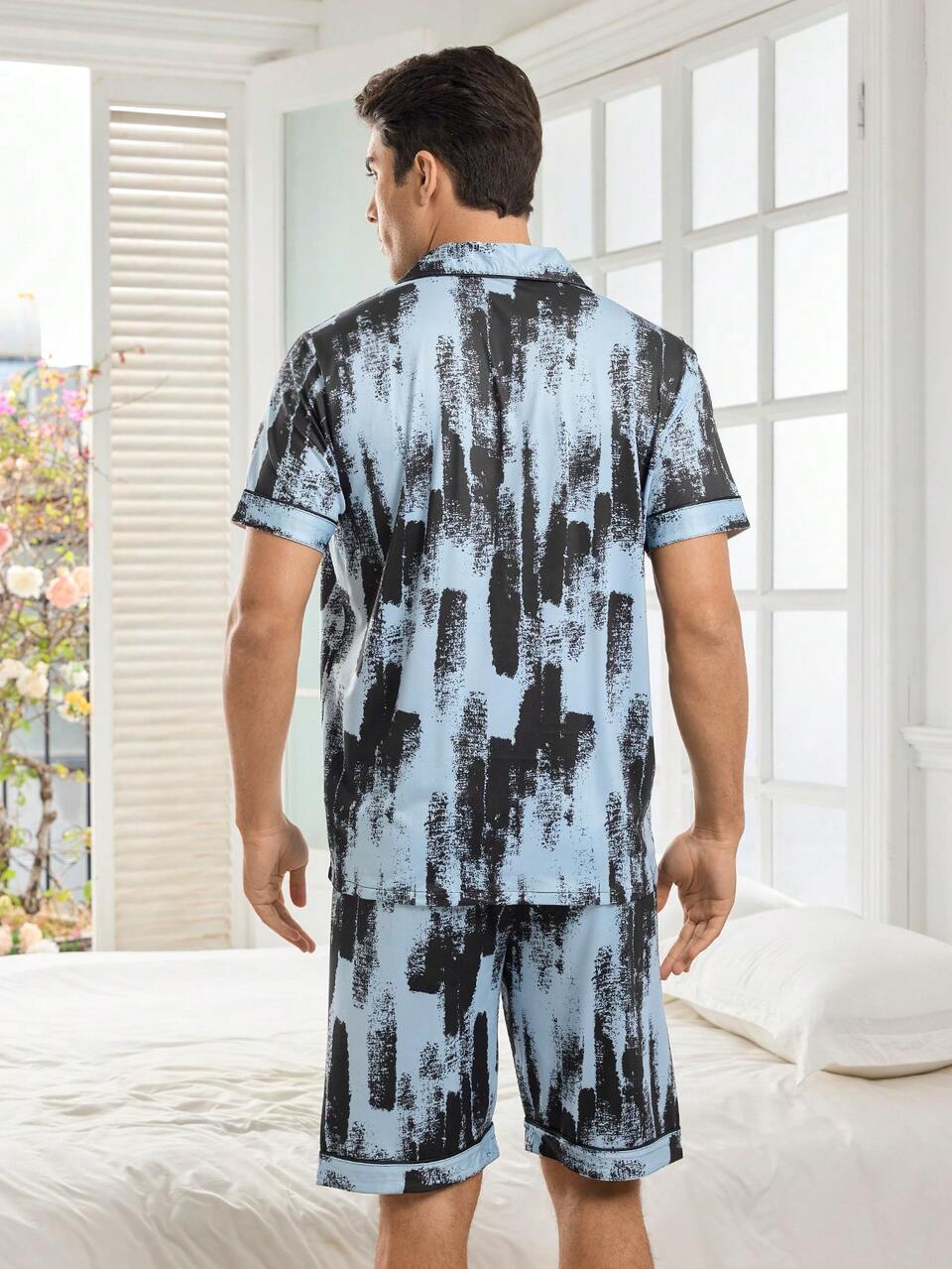 Men's Brush Stroke Printed Short Sleeve T-Shirt And Shorts Home Clothes Set