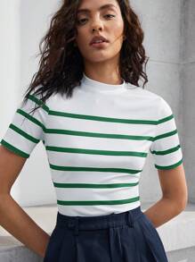 BizChic Women's Contrast Striped Stand Collar T-Shirt