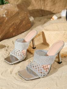 Fashionable And Popular Woven Style Heeled Women's Sandals For Parties And Evening Events - Silver - View 2