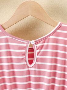 SHEIN Young Girls' Casual Stripe Heart Pattern Round Neck Short Sleeve Romper For Spring/Summer - Multicolor - View 3