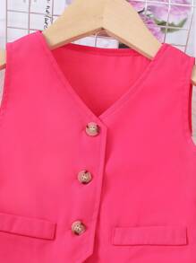 Young Girl Solid Color Single-Breasted Vest And Wide-Leg Jeans Two-Piece Set
