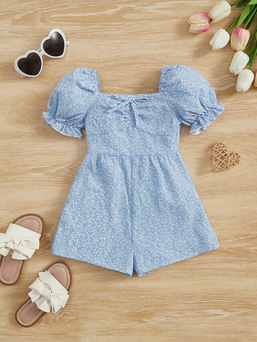 SHEIN 嬰兒女生整體植物印花泡泡袖打結前開襠爬蟲衣