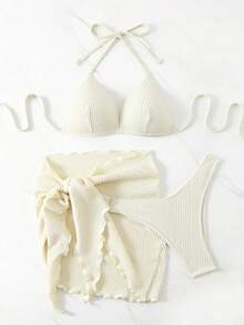 SHEIN Swim Solid Textured Split Bikini Set With Neck Strap And Underwire, Summer Beach - Apricot - View 3