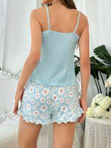 Women's Solid Color Spaghetti Strap Top & Floral Print Shorts Pajama Set Bridallingerie - Multicolor - View 2