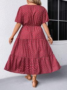 SHEIN LUNE Kích thước lớn Giường đôi In Nút Chi tiết Đầm - Đỏ - Xem 2