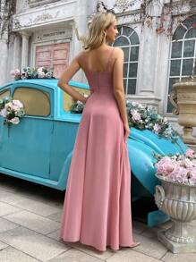 QOQ Elegant Simple Women Wedding Formal Dress Summer Bridesmaid Gown For Weddings, Guest, Dinner, Formal Events, Engagement Party, Lawn Wedding Solid Color Cowl Neck Asymmetric Hem Halter Bridesmaid Long Dresses - Pink - View 2