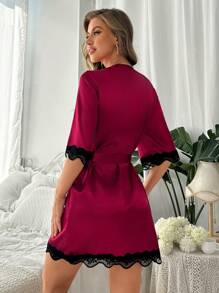 SHEIN Ladies' Lace Splice Half Sleeve Sleepwear Robe Luxe Loungewear, Fall, Winter - Burgundy - View 4