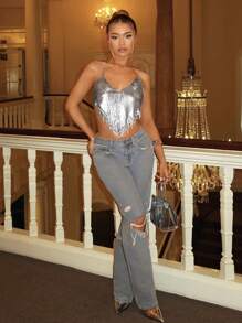 SHEIN BAE Ladies' Solid Metal Silver Delicate & Gorgeous Rhinestone Fringe Decoration Music Festival Summer Shimmering Clubwear Cami Top