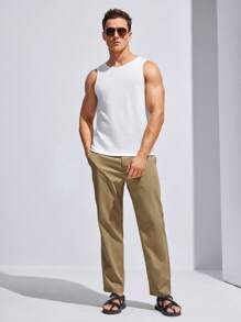 Manfinity Homme Men's Casual Straight-Leg Suit Pants With Diagonal Pockets - Khaki - View 5