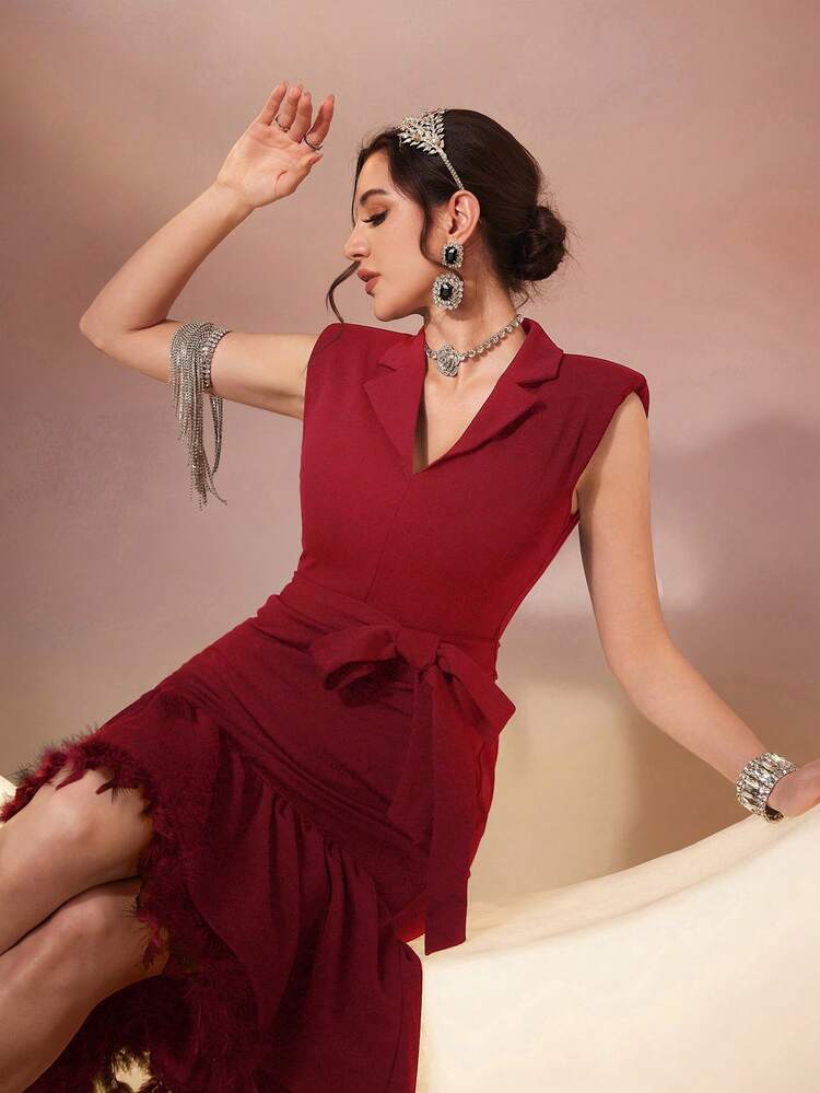 Burgundy Red Women's Color Block Turtle Neck Sleeveless Dress With Turkey Feather Detailing And Mermaid Tail Hem Long Evening Dresses