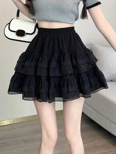 Women Solid Color Ruffle Hem Mini Skirt Suitable For Summer