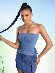 BARBARA DOMINGUES 设计师款女士露肩系带牛仔牛仔上衣，适合夏季、假日、外出、节日 - 藍色 - 查看 6