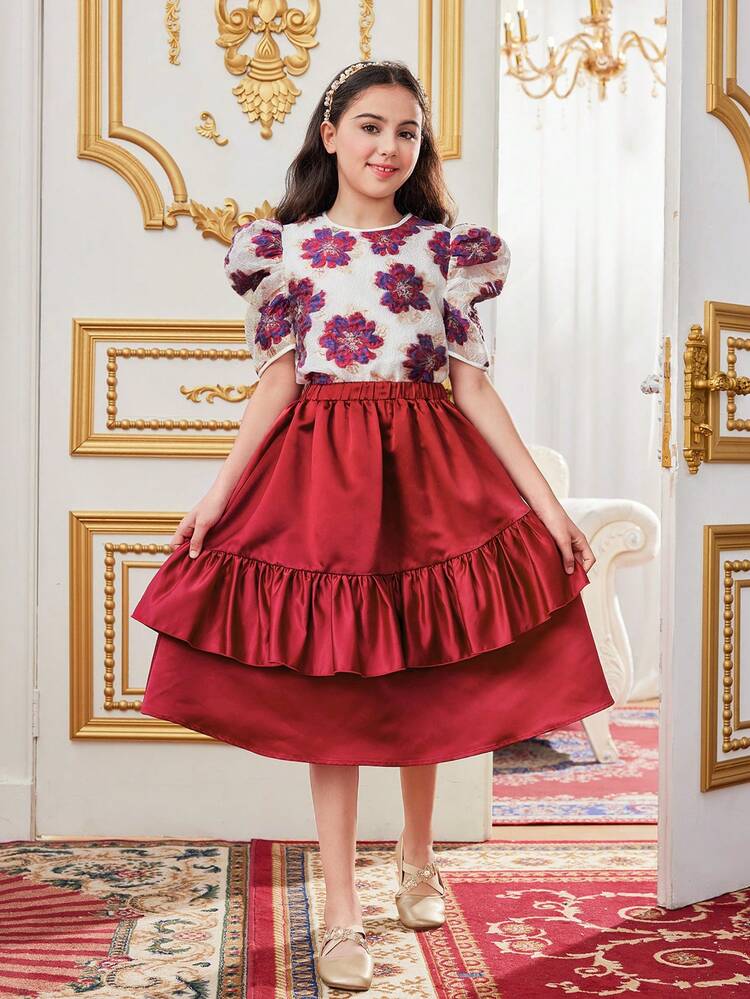 Tween Girl Loose Cute Elegant Round Neck Short Sleeve Top With Floral Print & Asymmetrical Ruffle Hem Skirt