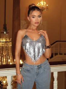 SHEIN BAE Ladies' Solid Metal Silver Delicate & Gorgeous Rhinestone Fringe Decoration Music Festival Summer Shimmering Clubwear Cami Top