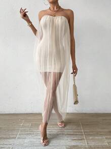 SHEIN Privé Women's Perspective Mesh Strapless Bodycon Dress - Beige - View 6