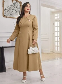 Modelyn Vestido de unicolor de talla grande con cuello asimétrico y bajo de campana - Albaricoque - Ver 3