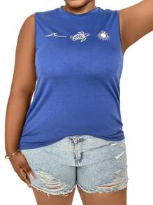 SHEIN LUNE Plus Size Printed Round Neck Tank Top - Blue - View 4