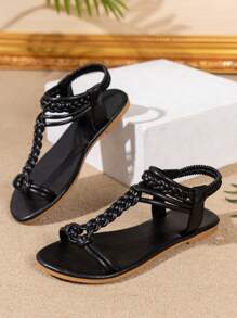 2024夏季新款女士编织草编系带平底凉鞋，沙滩装扮 - 黑色 - 查看 5