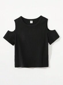 SHEIN Teen Girl Knitted Solid Color Open Shoulder Casual Short Sleeve T-Shirt - Black - View 6