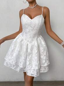 SHEIN Privé 優雅夏季花朵開叉肩帶連衣裙 - 白色 - 查看 3