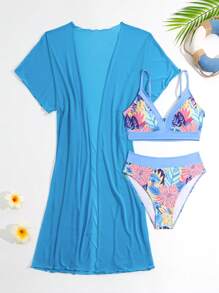 Teen Girl Solid Color Mesh Cover-Up With Plant Print Bikini Set Summer Swimming,Beach 3 Pieces Swimwear Matching Set Summer Beach - Blue - View 1