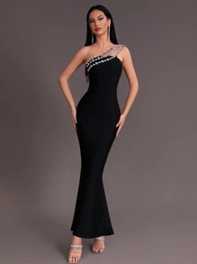全新重工装饰水钻不对称领口无袖紧身美人鱼绷带正式晚礼服，优雅婚礼、生日派对婚礼宾客礼服 - 黑色 - 查看 8