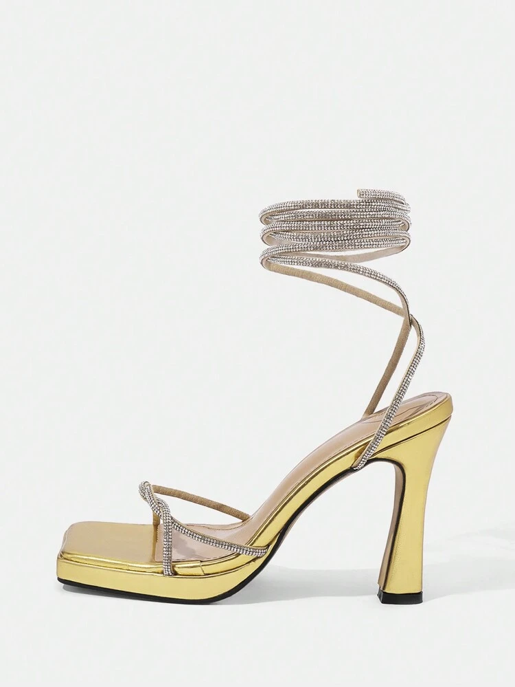 Women's High Heel Waterproof Platform Ribbon Strap Sandals With Rhinestone Decoration Vacation Shoes Summer