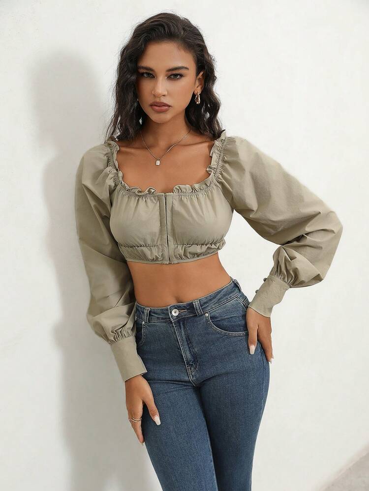 Women's Solid Color Cropped Top With Lantern Sleeve Fall Cloth For Women