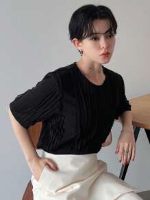FRIFUL T-shirt à manches courtes texturé de couleur unie pour femmes, Décontracté chic pour femmes