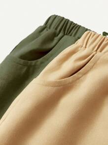 Cozy Pixies Conjunto De 2 Piezas De Shorts Deportivos Informales Para Niños Con Cintura Elástica Decorativa Tejida Con Bolsillos Y Cinturón. - Verde militar - Ver 5