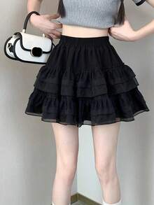 女士纯色荷叶边迷你裙，适合夏季休闲穿着，黑色，春季款 - 黑色 - 查看 4
