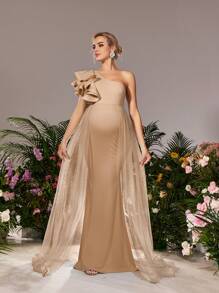 Faeriesty Dressalisa Maternity Elegance One-Shoulder Ruffle Sleeve Gown&Babyshower Dresses With Cascading Side Slit Organza Train & Sculpted Fish-Tail Hem – Sophisticated Baby Shower Dress For Formal Dinners, Bridal Luncheons, Celebratory Receptions, Maternity Galas, And Elegant Ceremonies
