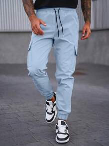 Manfinity Homme Men's Letter Patch Cargo Style Pants With Pockets And Elastic Cuffs, For Fall - Baby Blue - View 3