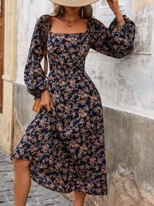 Breezaya Floral Print Lantern Sleeve Cross Back Tie Dress