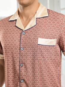 男士格纹短袖长裤家居服套装 - 棕色 - 查看 5