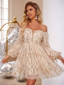 Joyfunear Women's Fringe & Sequin Off-Shoulder Long Sleeve Formal Dress, Suitable For Spring, Summer, Autumn, Winter Party Wedding - Champagne - View 6