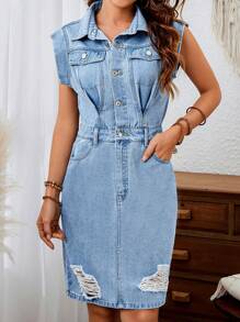 SHEIN LUNE Ladies' Sleeveless Denim Dress With Distressed Design And Drawstring Waist - Light Wash - View 3