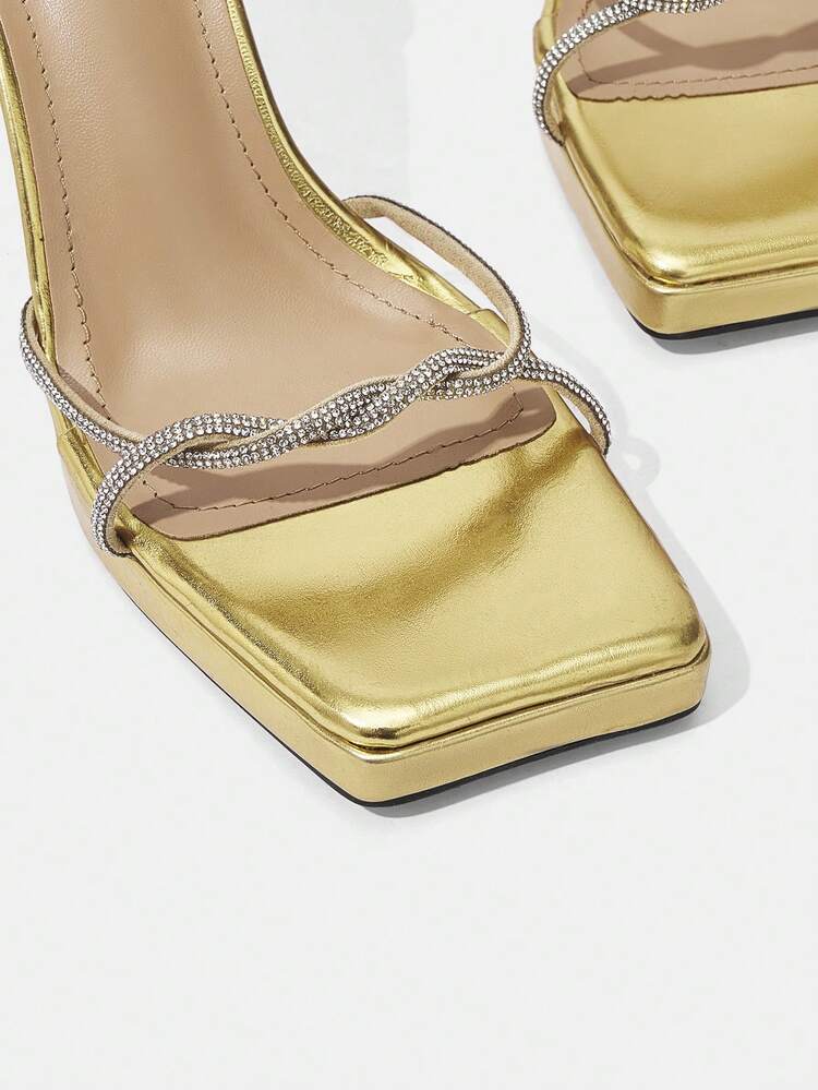 Women's High Heel Waterproof Platform Ribbon Strap Sandals With Rhinestone Decoration Vacation Shoes Summer