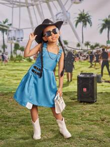 SHEIN Young Girl Music Festival Casual Academy Style Pleated Splicing Strap Dress Suitable For Daily, Parties, Beach Vacations, Graduation Season, Summer