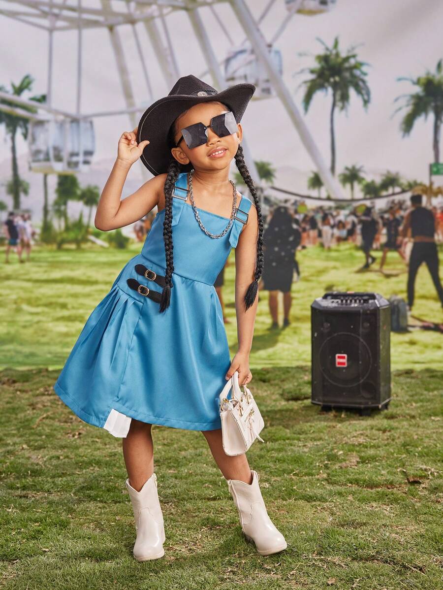 SHEIN Young Girl Music Festival Casual Academy Style Pleated Splicing Strap Dress Suitable For Daily, Parties, Beach Vacations, Graduation Season, Summer