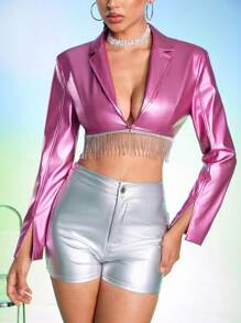 RAVE SCENE 设计师商务休闲金属 PU 短款西装外套，带水钻流苏，适合度假、外出、节日 - 粉色 - 查看 4