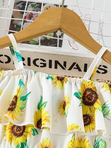 SHEIN Young Girl Sunflower Print Neckline Dress For Vacation - Yellow - View 5