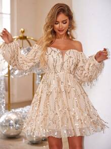 Joyfunear Women's Fringe & Sequin Off-Shoulder Long Sleeve Formal Dress, Suitable For Spring, Summer, Autumn, Winter Party Wedding - Champagne - View 1