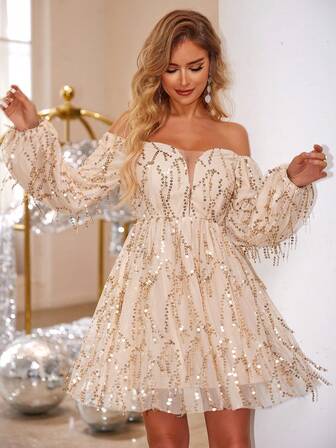 Joyfunear Women's Fringe & Sequin Off-Shoulder Long Sleeve Formal Dress, Suitable For Spring, Summer, Autumn, Winter